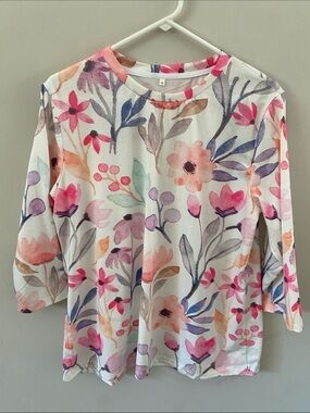 Floral Watercolor Long Sleeve Top - White/Pink